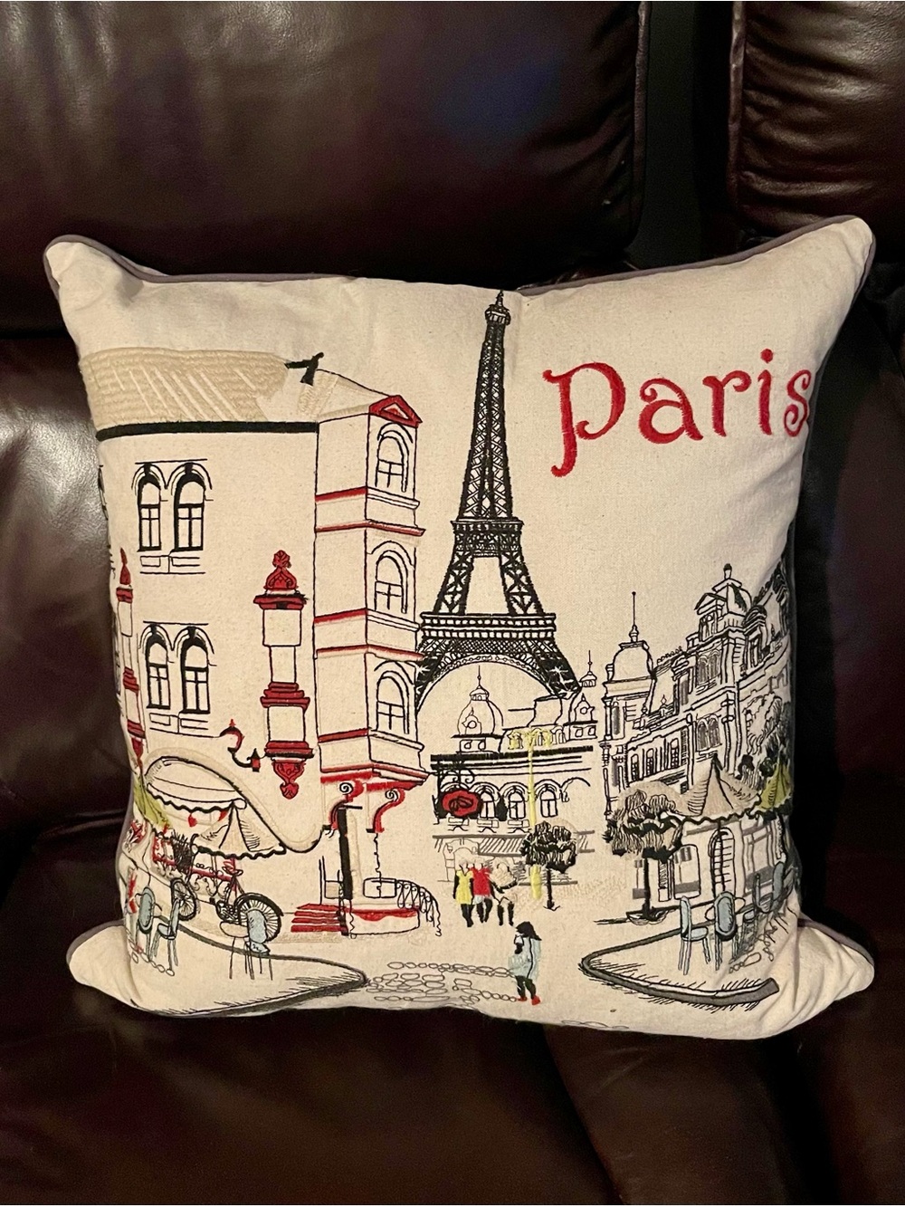 Cynthia Rowley Paris Scene Embroidered Pillow - Red & Cream